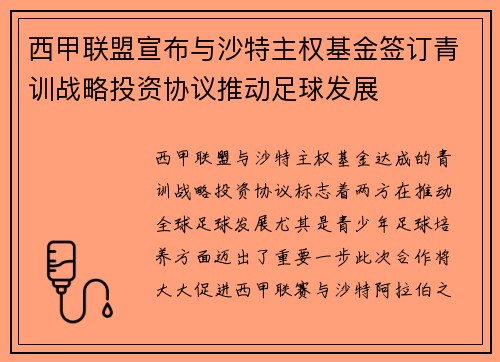 西甲联盟宣布与沙特主权基金签订青训战略投资协议推动足球发展