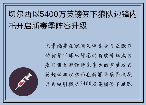 切尔西以5400万英镑签下狼队边锋内托开启新赛季阵容升级