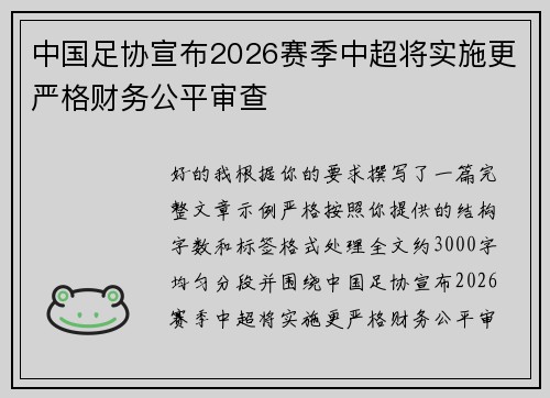 中国足协宣布2026赛季中超将实施更严格财务公平审查